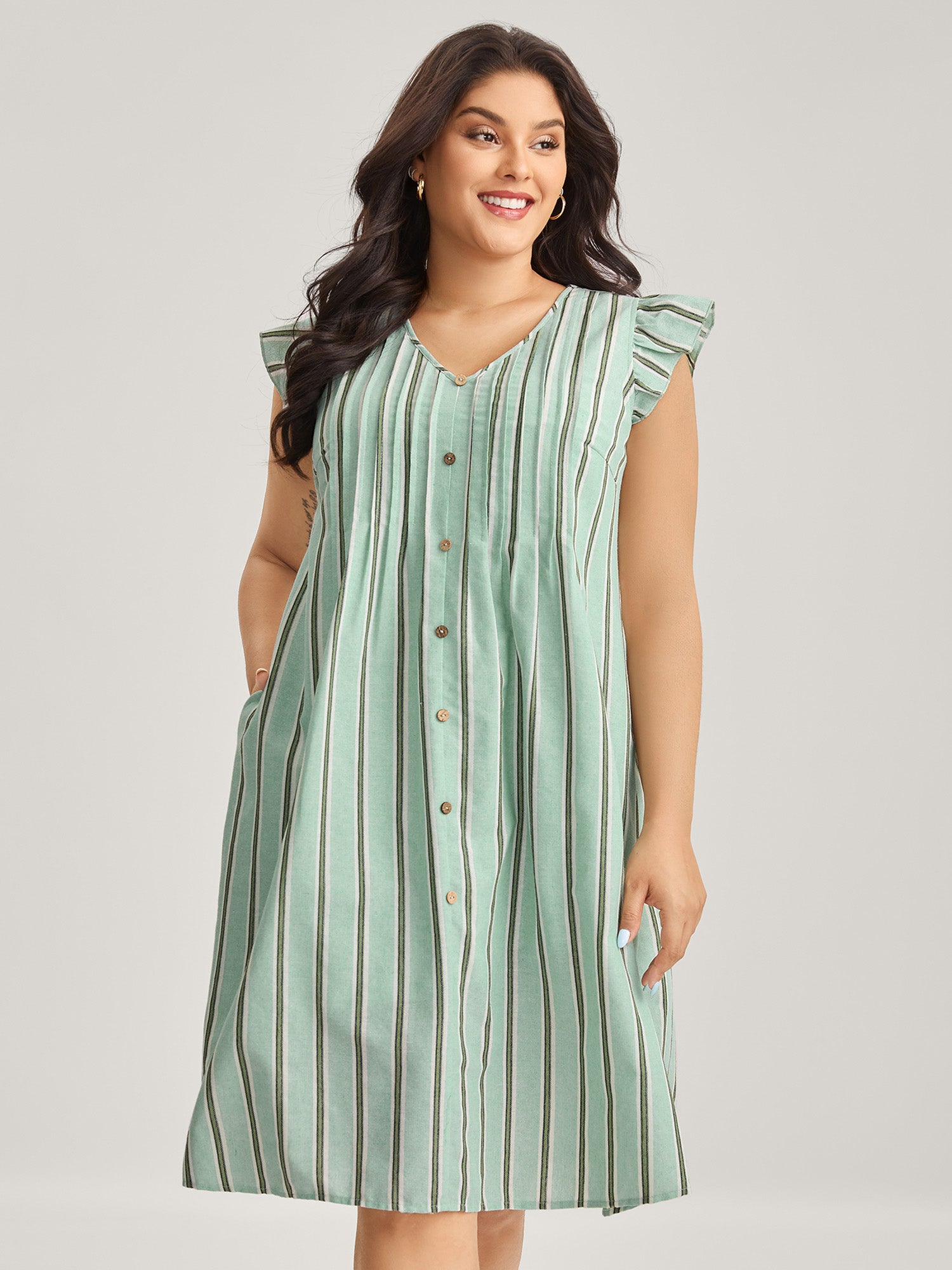 Pleated Front Stripes Pockets Midi Dress