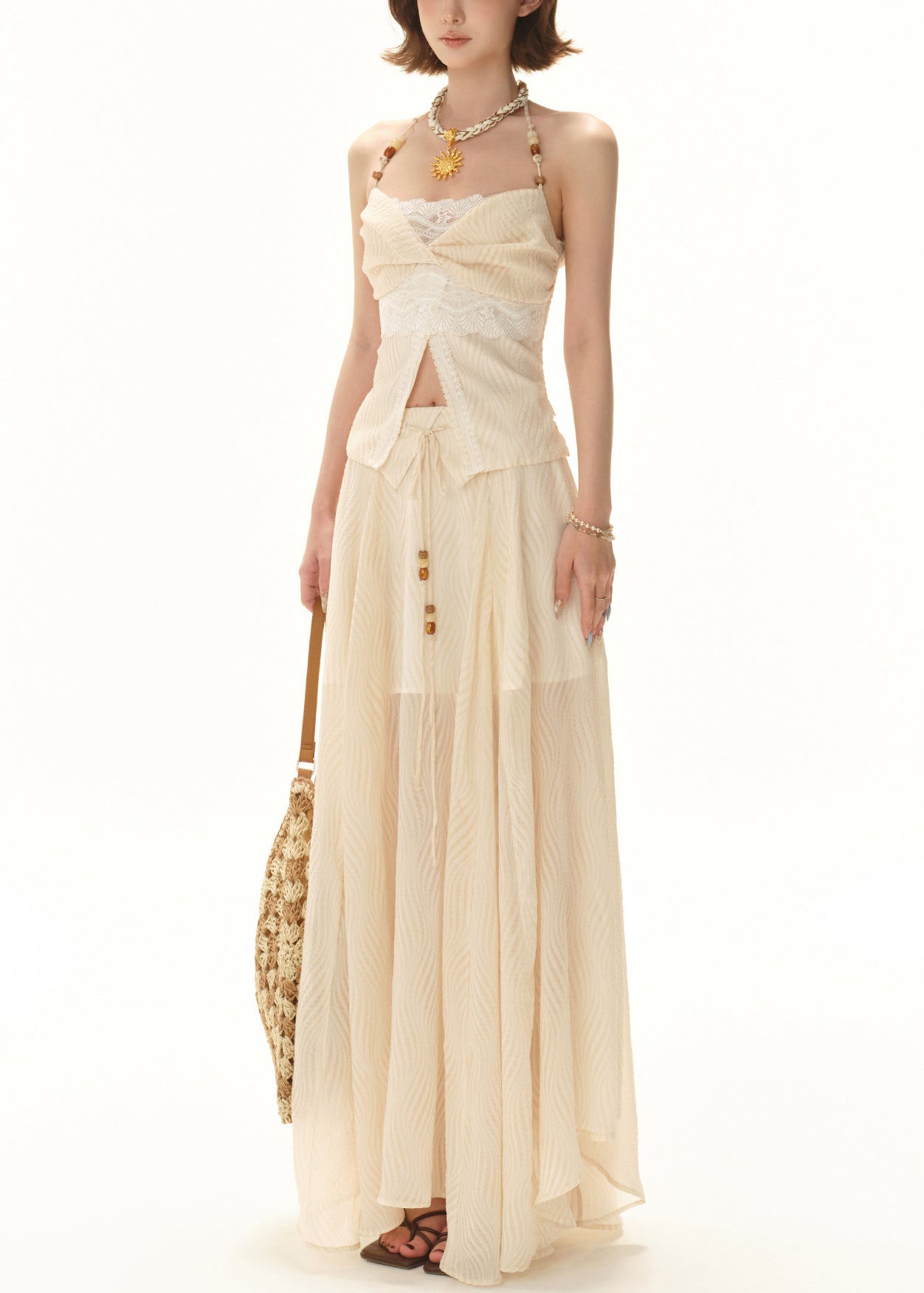 Elegant Apricot Lace Tops And Skirts Patchwork Two Pieces Set Sleeveless