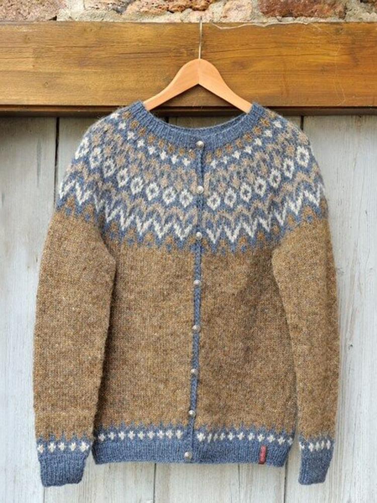 Vintage Ethnic Pattern Round Neck Sweater Cardigan