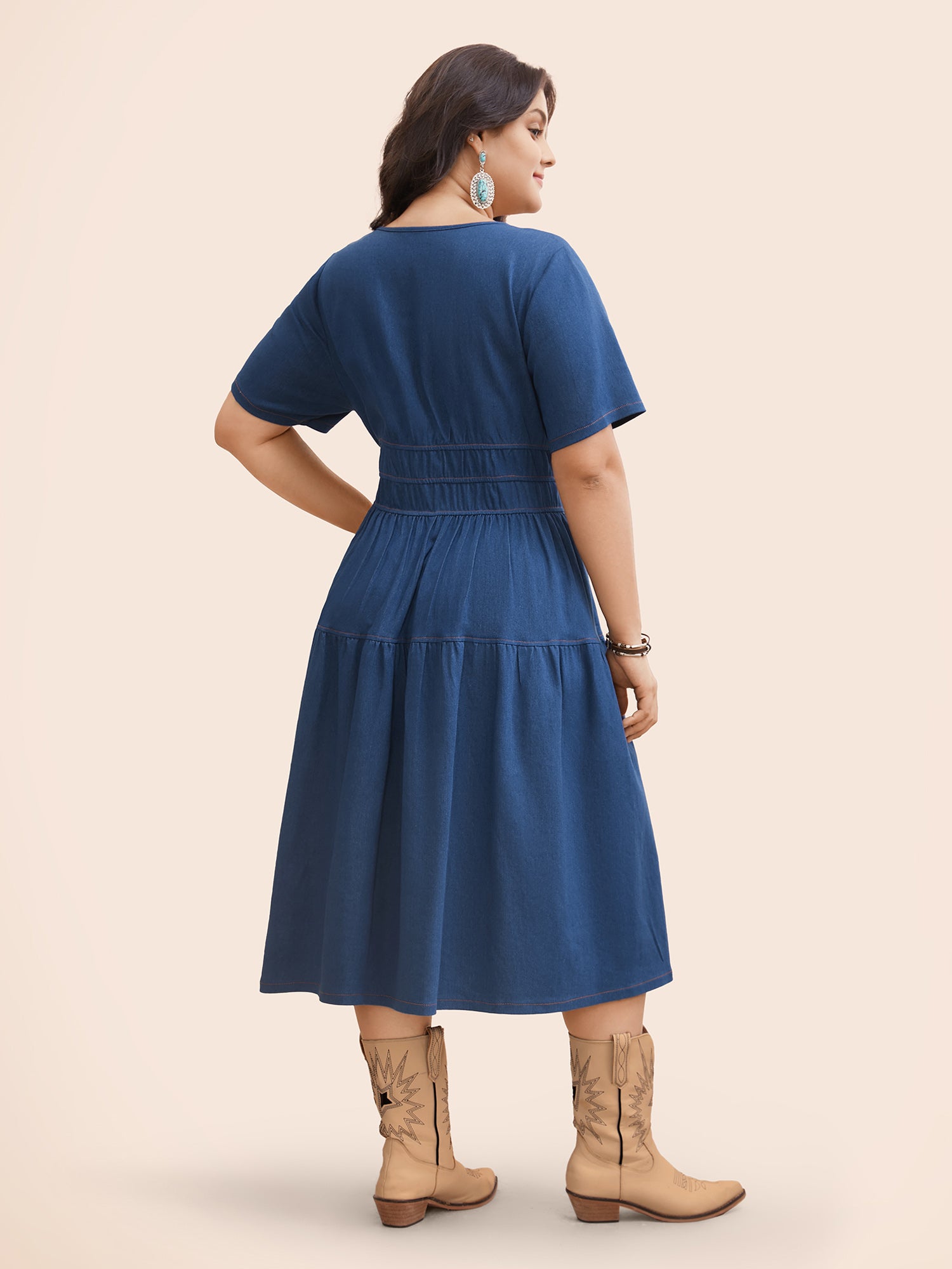 Stretch Denim Pockets Tiered Midi Dress