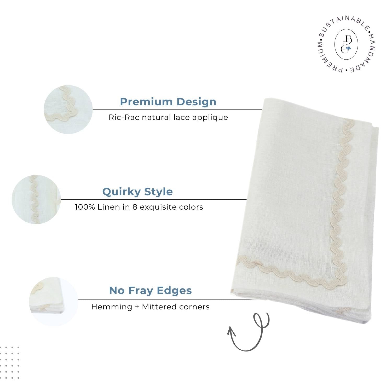 White Rick Rack Lace 100% Linen Napkins
