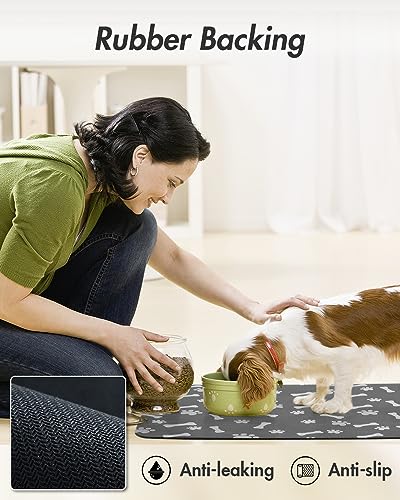 Pet Feeding Mat-Absorbent Dog Food Mat-Dog Mat for Food and Water-No Stains Quick Dry Dog Water Dispenser Mat-Pet Supplies-Dog Placemat Dog Water Bowl for Messy Drinkers 12X19 Dark Grey