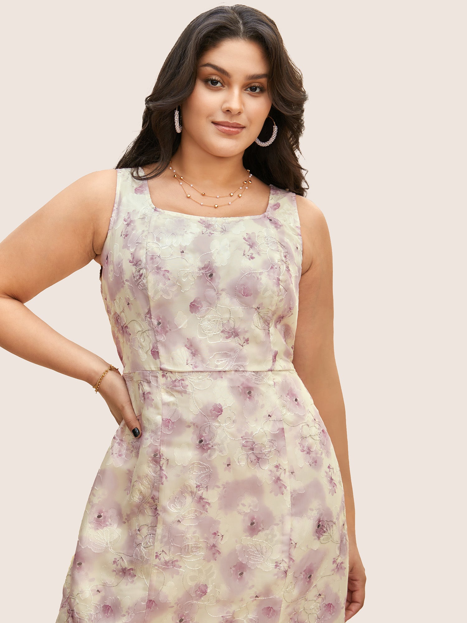 Floral Textured Square Neck Pleated Split Front Dress