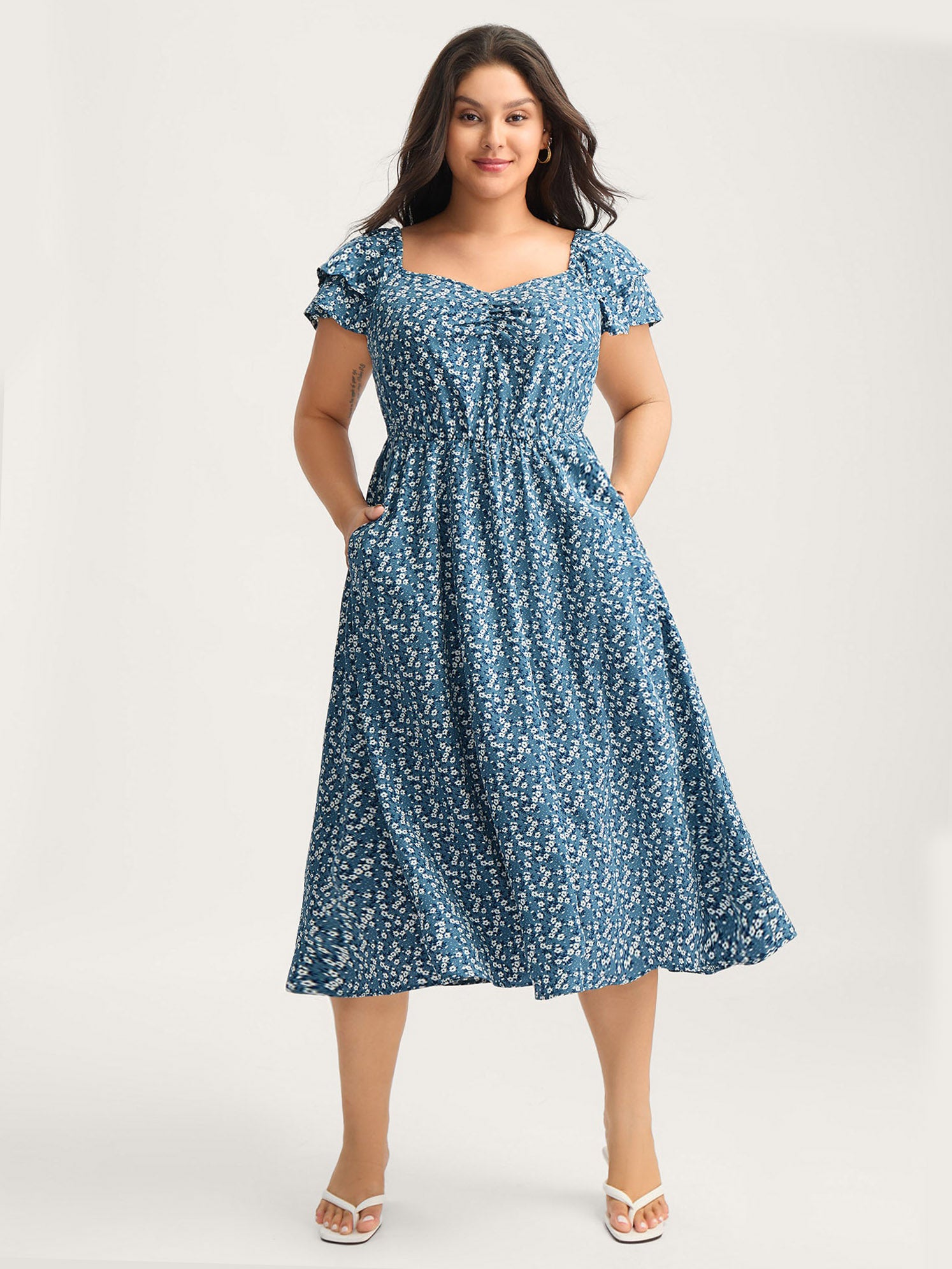 Ditsy Floral Print Layered Ruffled Sleeve Dress