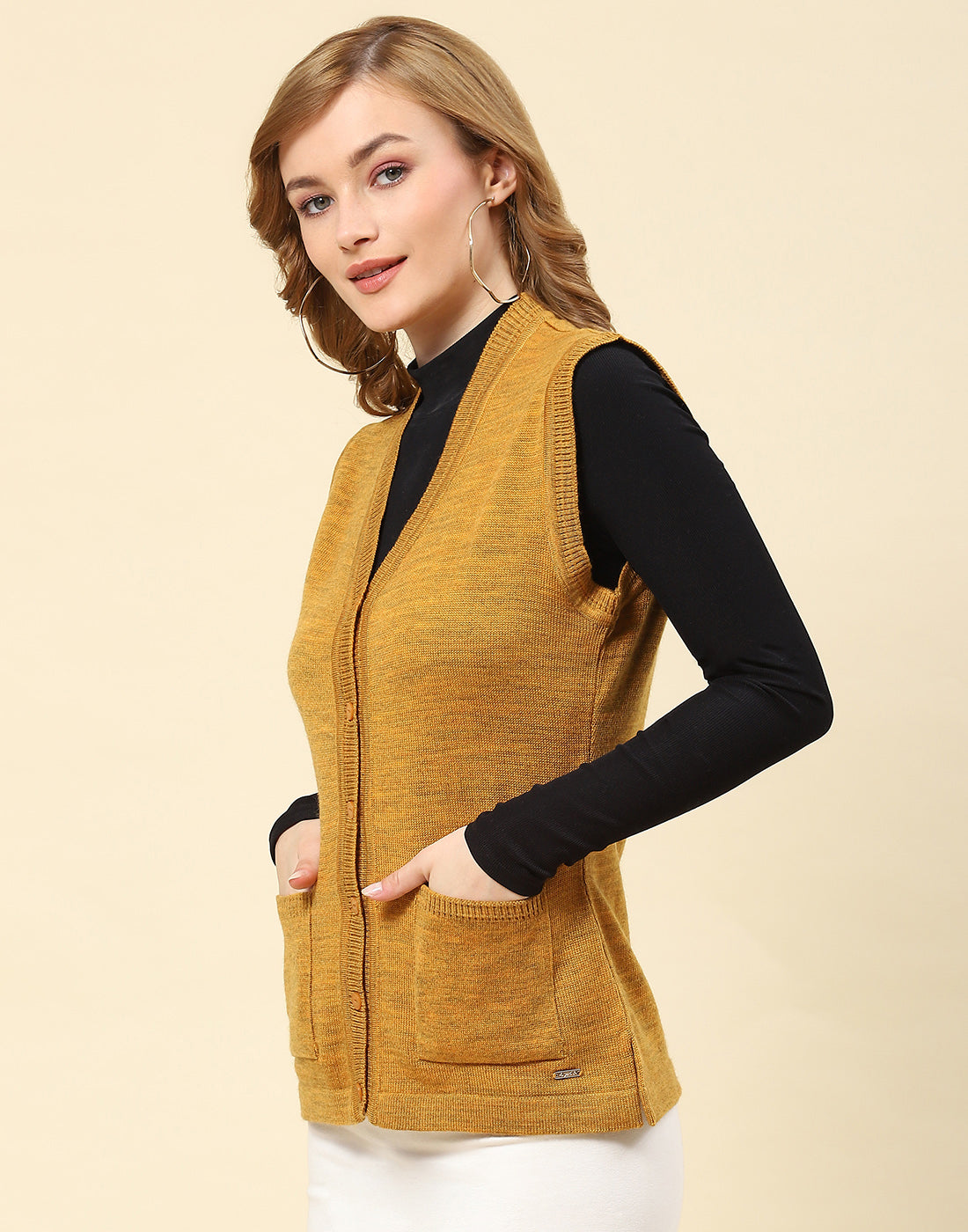 Women Mustard Solid V Neck Sleeveless Cardigan