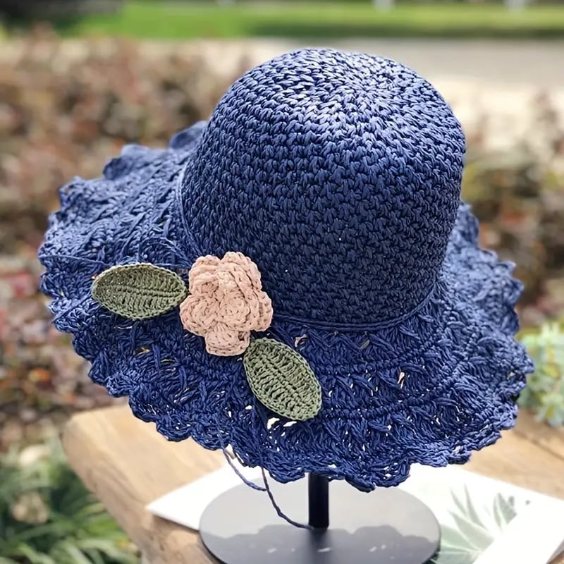 Elegante Sombrero De Paja De Crochet Con Detalle De Volantes