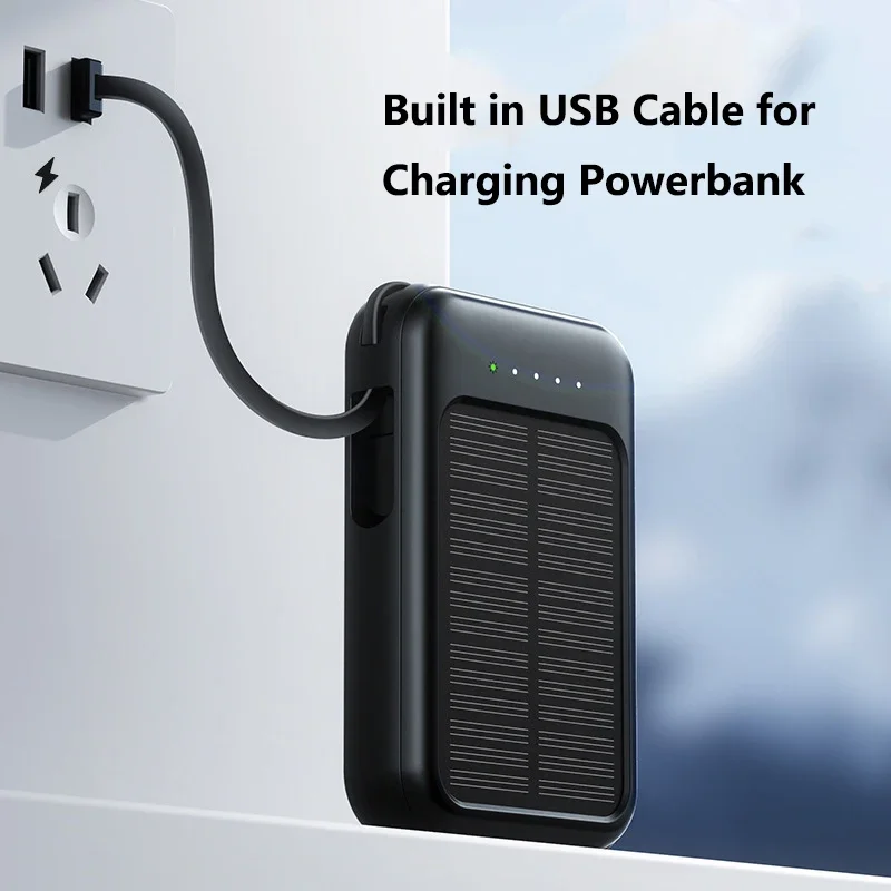 50000mAh Solar Power Bank Built-in Cable Solar Charger 2 USB Ports External Charger Power Bank with LED Light For iPhone Xiaomi