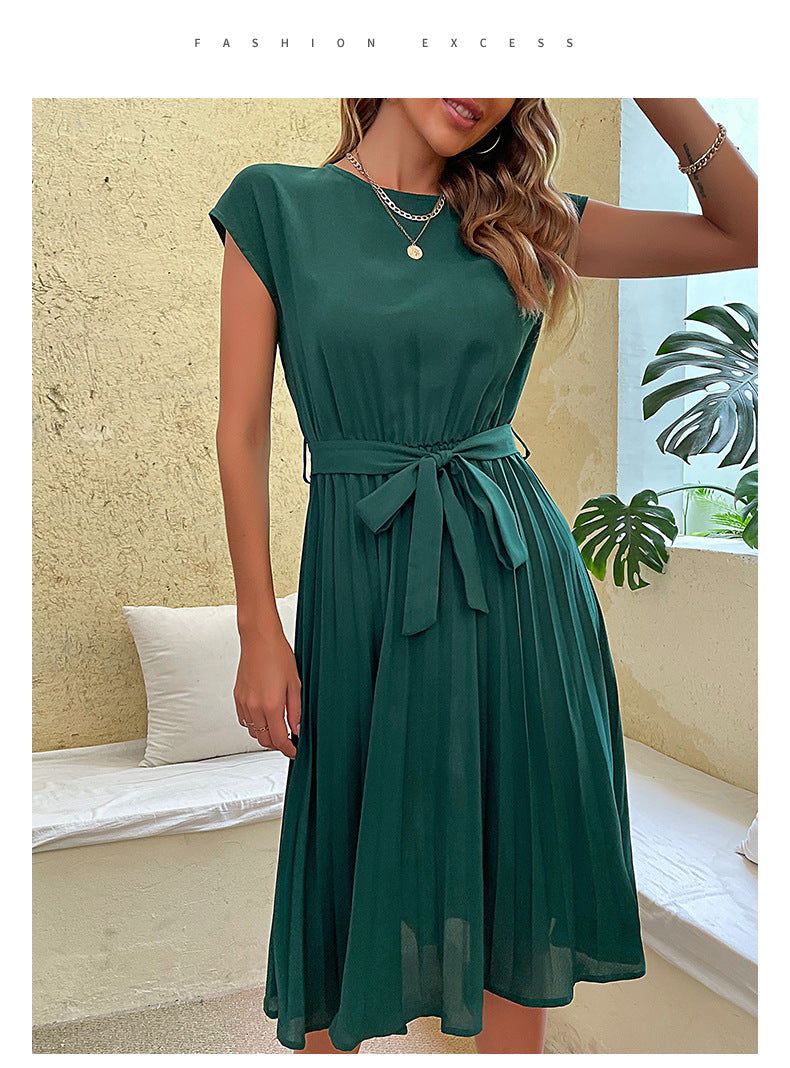Solid Color Lace-Up Pleated Dress
