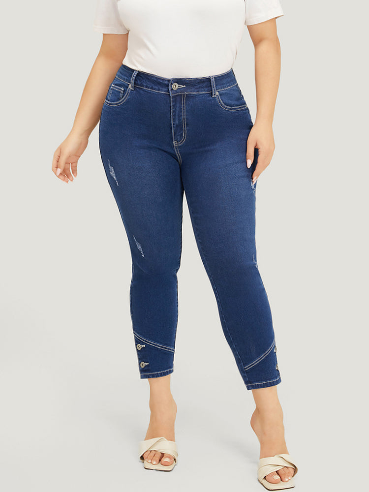 Very Stretchy High Rise Dark Wash Button Hem Jeans
