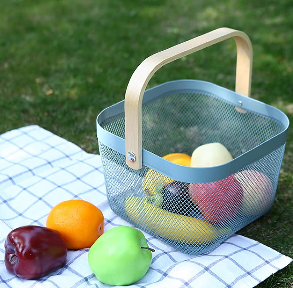 Mesh Steel Basket with Wooden Handle-Square Blue