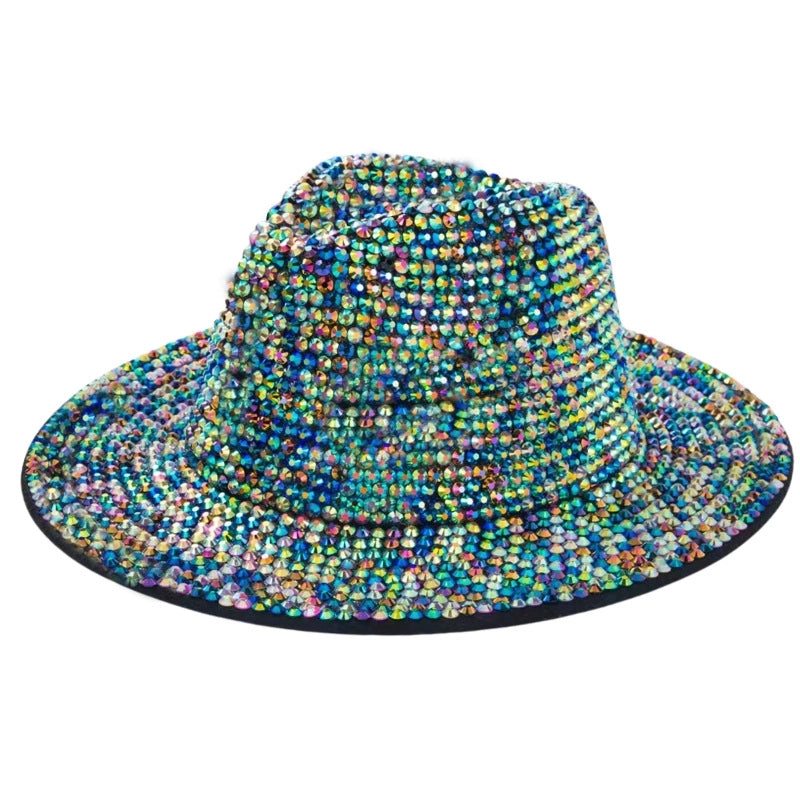 Unisex Hip-hop Retro Shiny Solid Color Rhinestone Wide Eaves Fedora Hat
