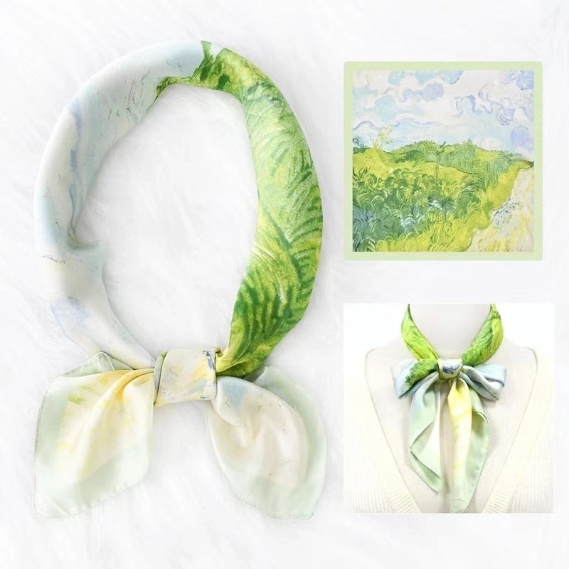 2 Pieces Women's Elegant Plaid Flower Horse Satin Silk Scarf