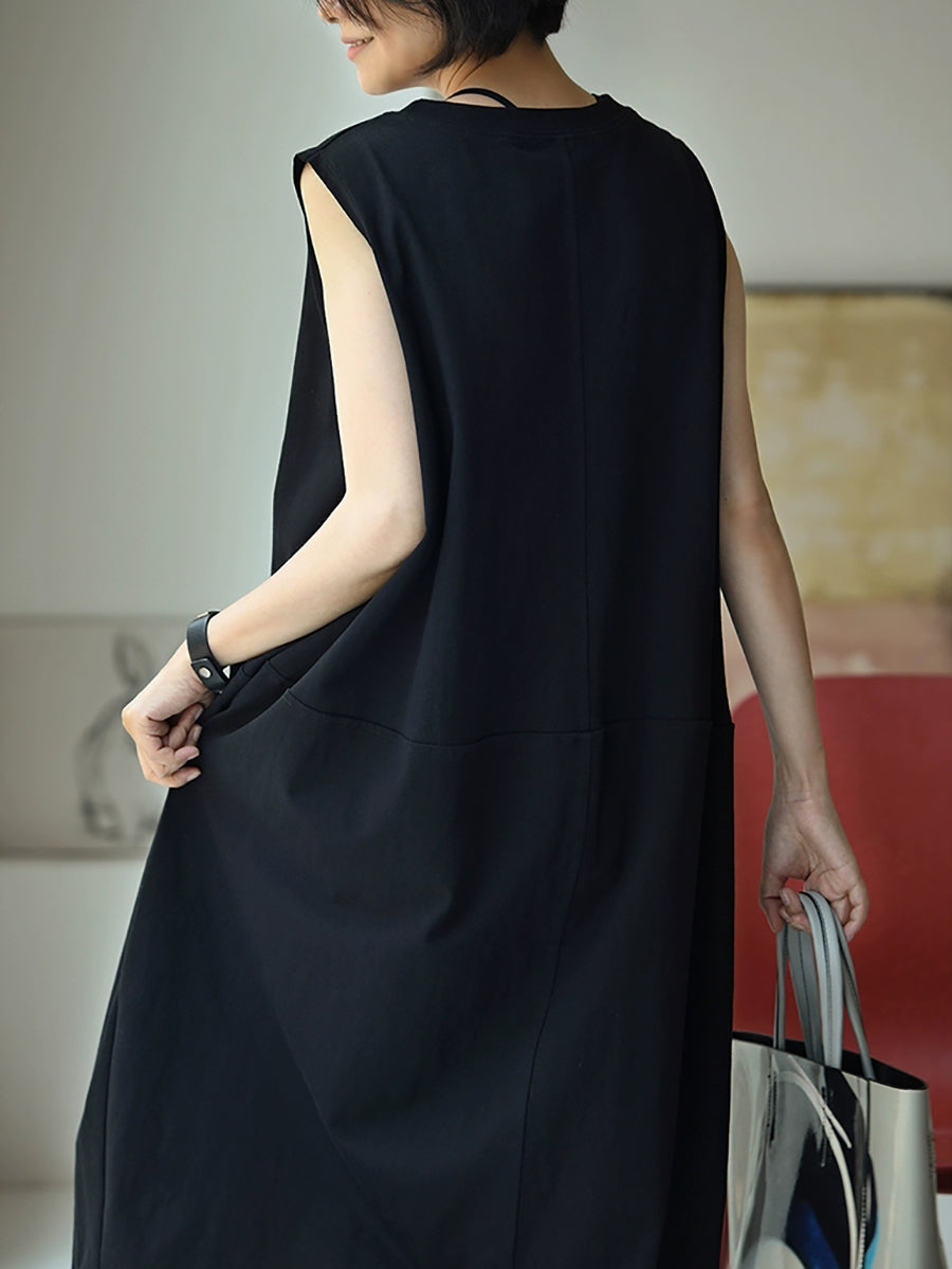 Women Summer Pure Color O-Neck 100%Cotton Vest Dress