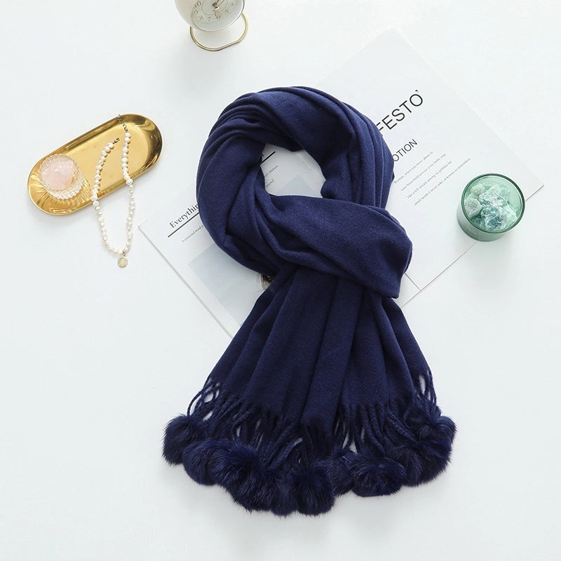 Cashmere Wool Scarf Women's Autumn And Winter High-grade Solid Color Ball Scarf Shawl Fur Ball Imitation Cashmere Scarf