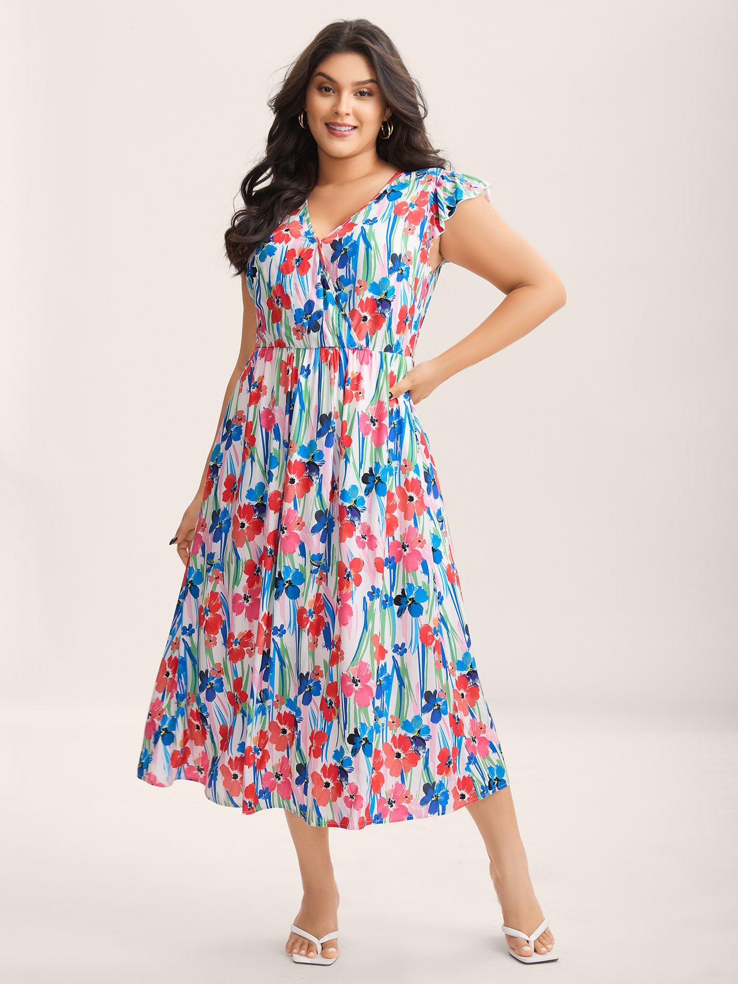 Rayon Floral Print Surplice Pockets Midi Dress