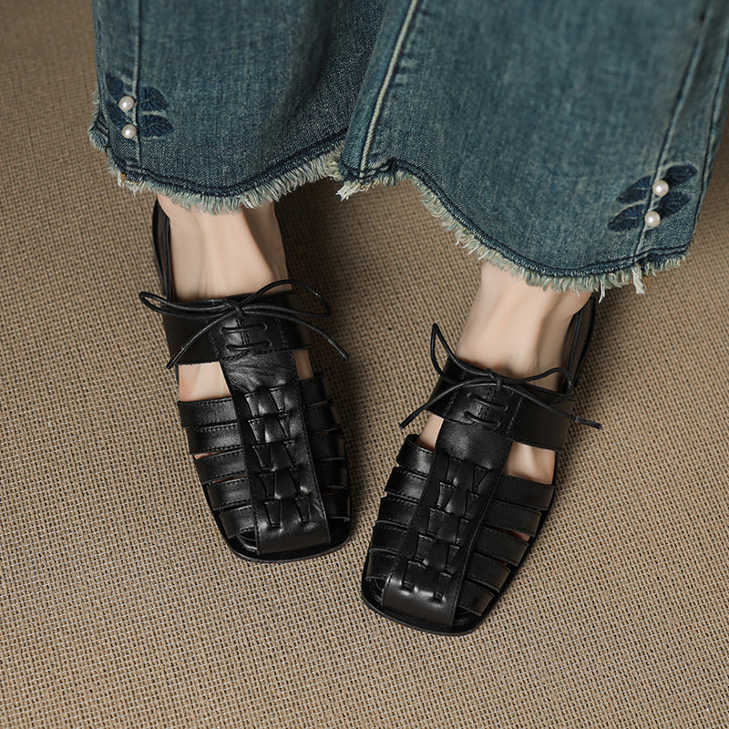 Designer Lace-Up Genuine Leather T-Strap Gladiator Fisherman Sandals for Women in Apricot/Black