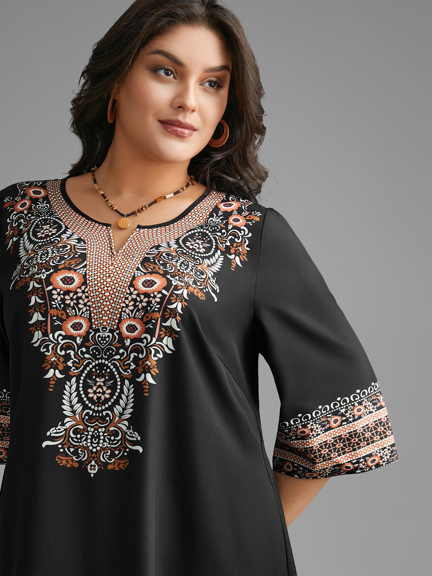 Notched Collar Boho Print Pocket Dress