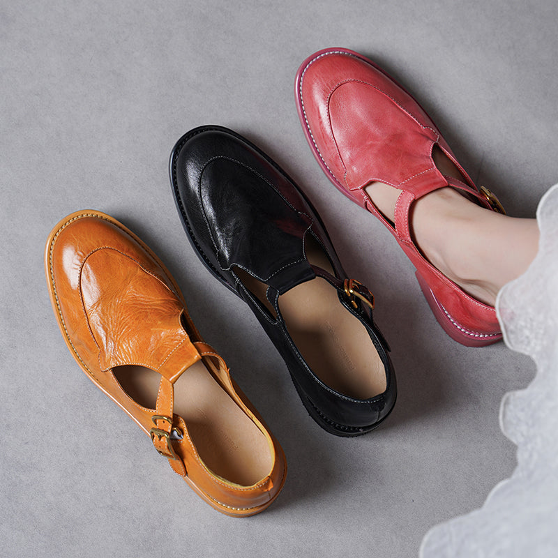 Vintage British Style Soft Leather Mary Jane Shoes Horse Leather T-Strap Sandals Pink/Yellow/Black