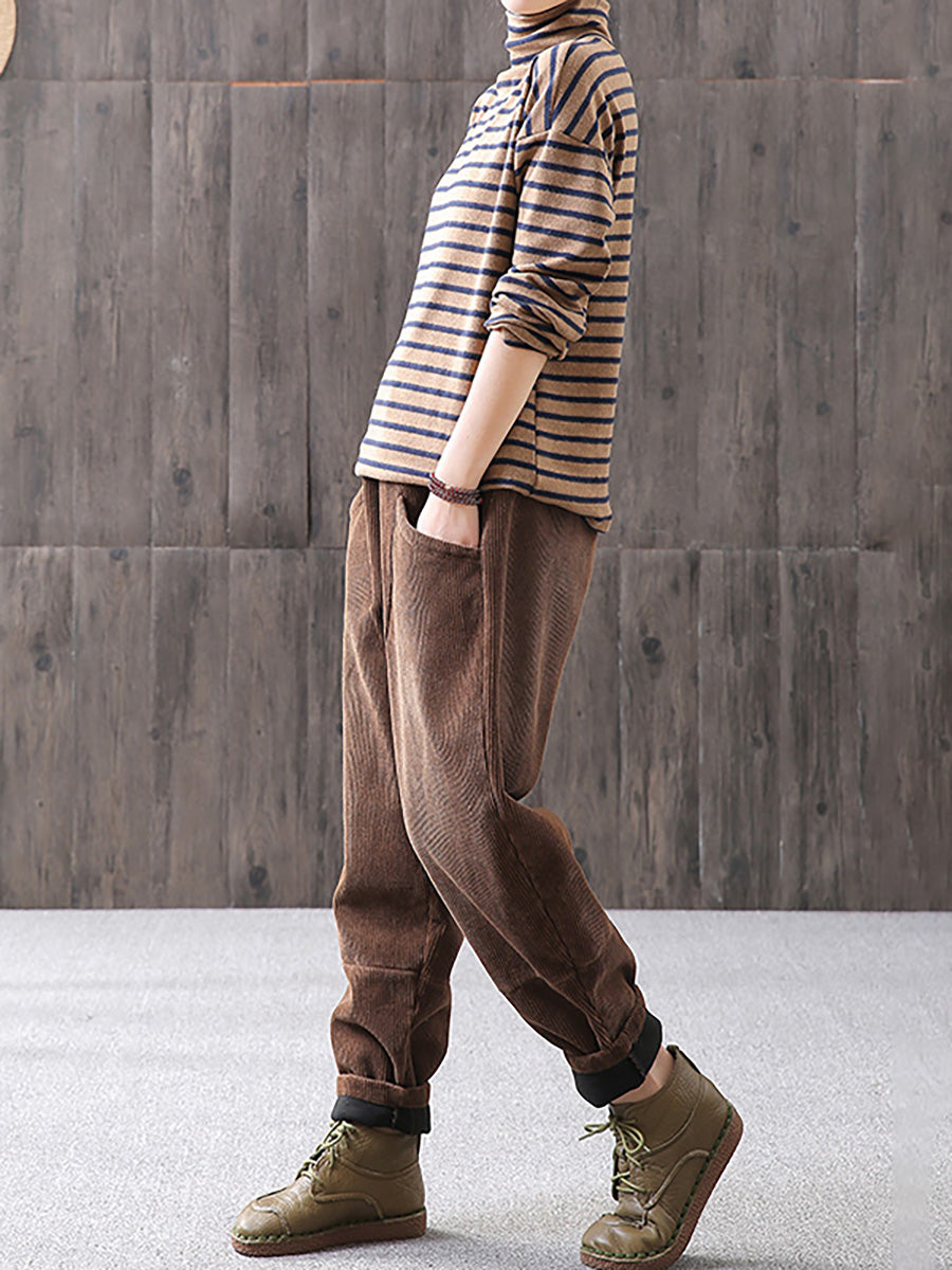 Plus Size Winter Warm Solid Color Corduroy Pants