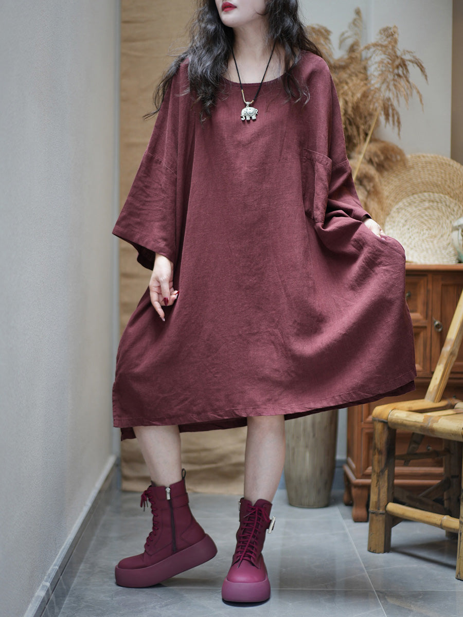 Women Summer Retro Pure Color O-Neck Cotton Dress