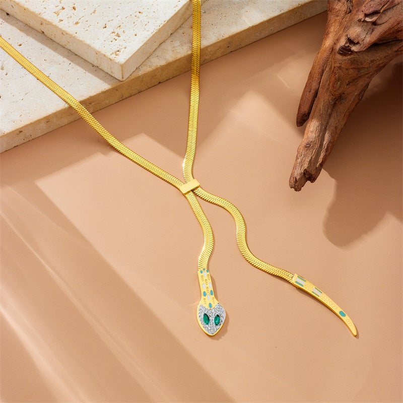 Full Diamond Snake Head Snake Tail Snake Bone Chain Heavy Stainless Steel Gold-Plated Chain Women'S Necklace