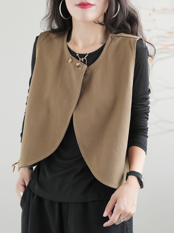 Artistic Retro Loose Sleeveless Solid Color Round-Neck Vest Outerwear