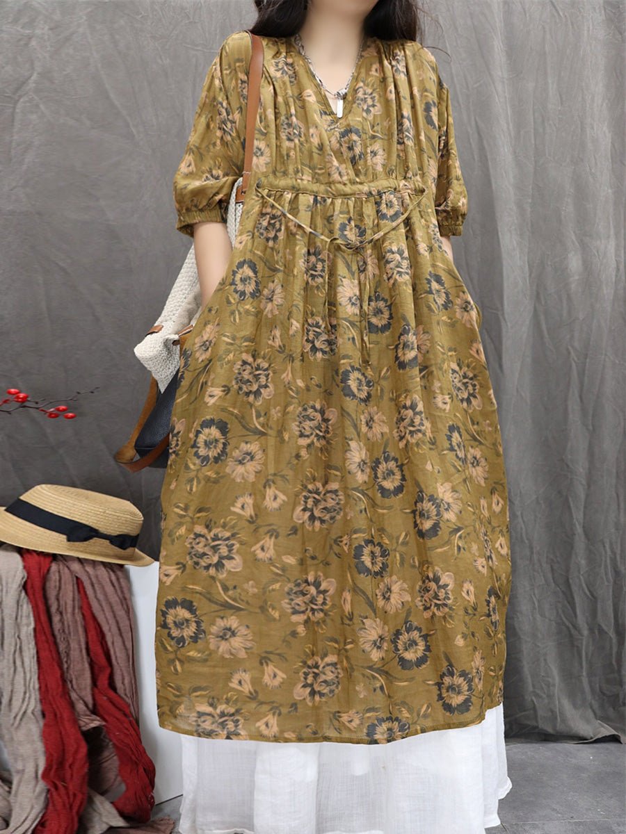 Women Summer Artsy Flower V-Neck 100%Ramie Dress