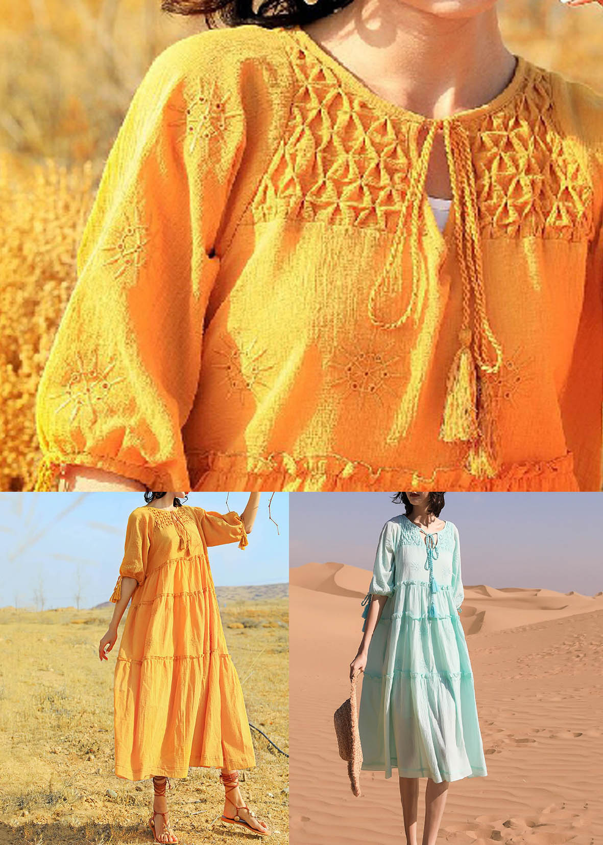 Yellow Lace Up Solid Cotton Summer Long Dress Ruffled