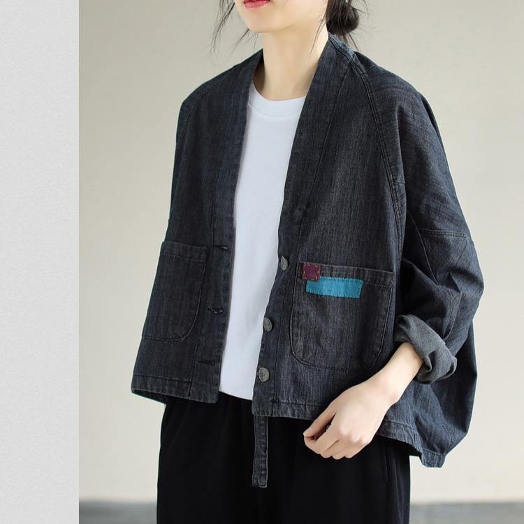 Women Denim Black Coats V Neck Button Down Spring Coats