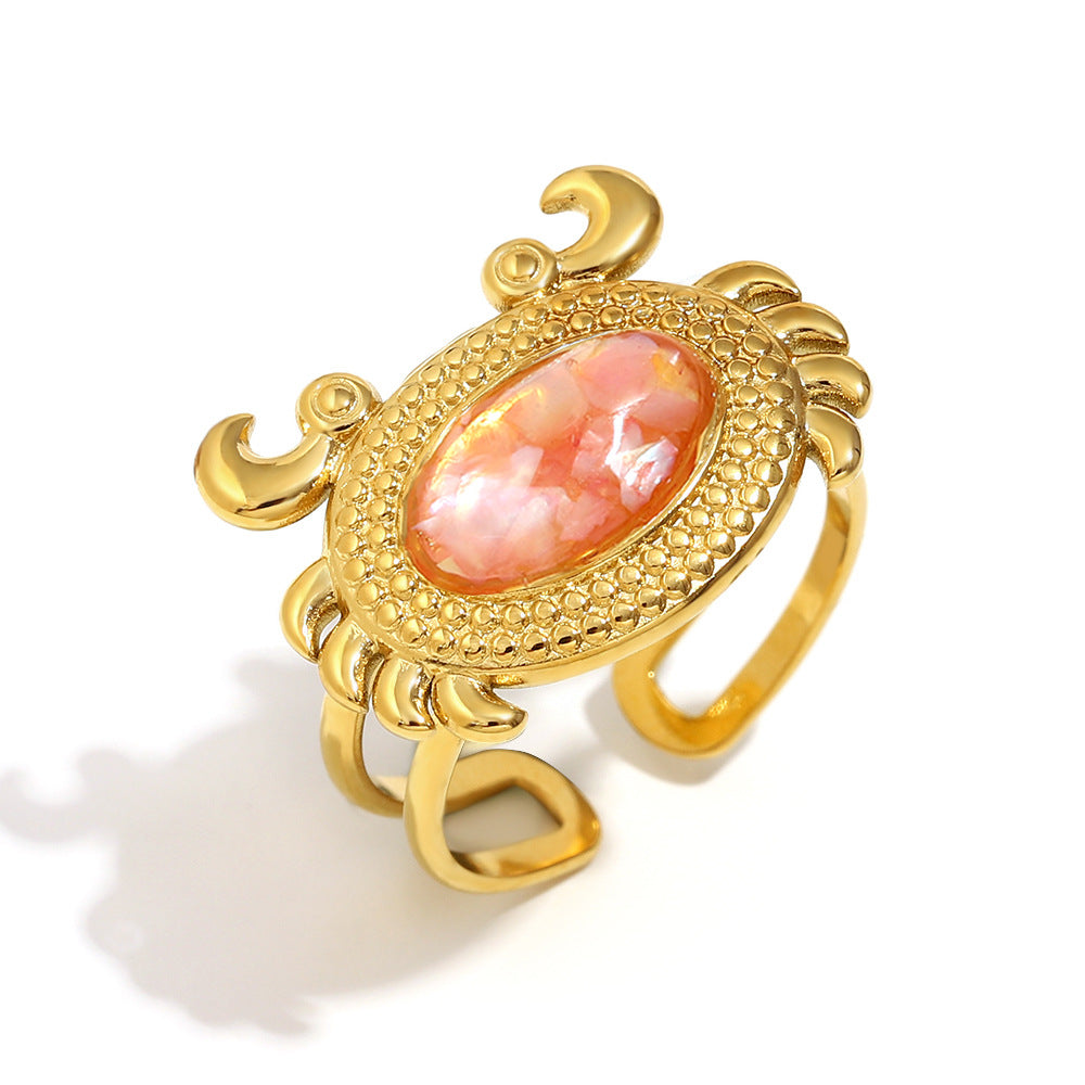 Niche Trend Stainless Steel 18K Gold Plated Cross Line Fishbone Flower Crab Turtle Open Ring