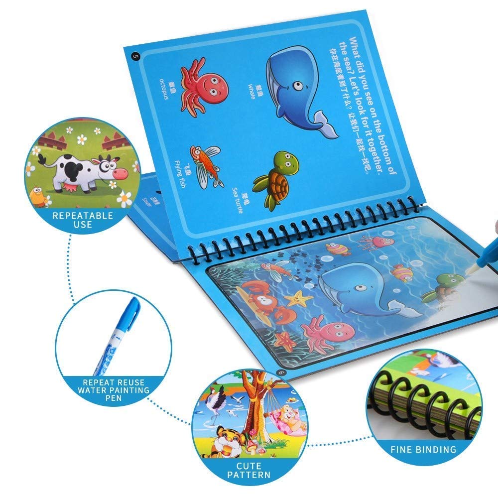 Reusable Magic Water Book For Painting Children's Cartoon Images With Water Pen (Random Designs) - NO Colors Required