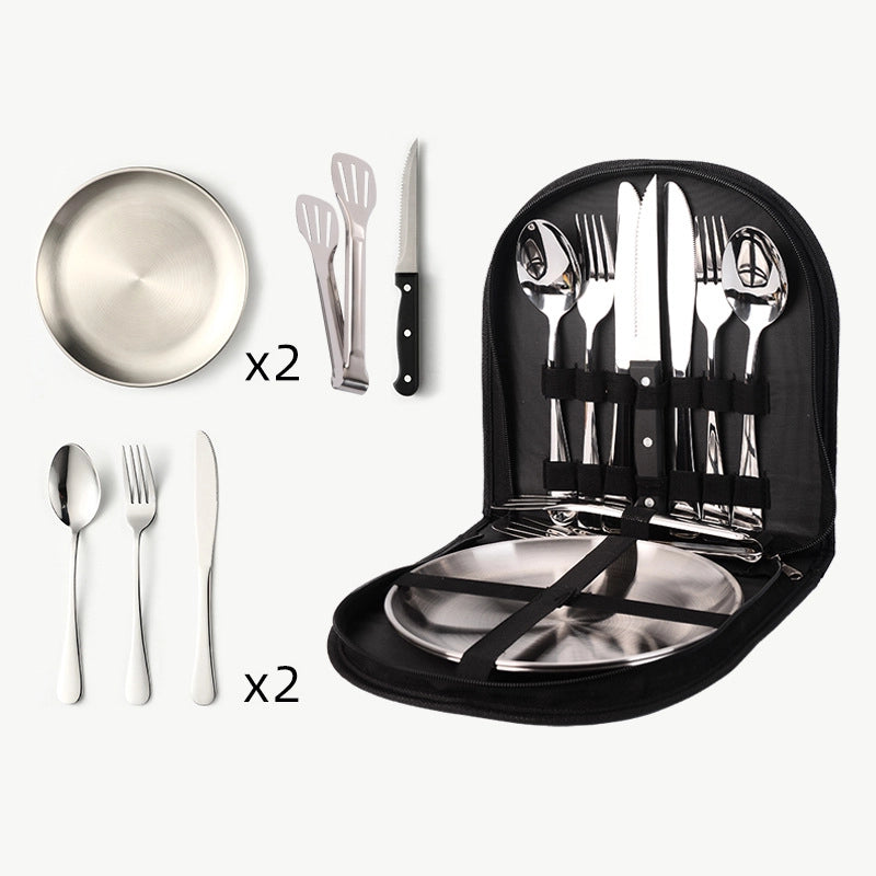 Outdoor Travel Stainless Steel Tableware Camping Picnic Barbecue Plate Clip Steak Knife. Fork And Spoon Suit Portable Storage Bag