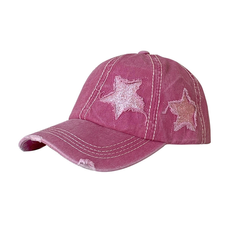 Vintage Ripped Baseball Cap Women's Spring And Summer Korean Style Big Head Face Showing Small Cap Pink Wide Brim Hat Trendy