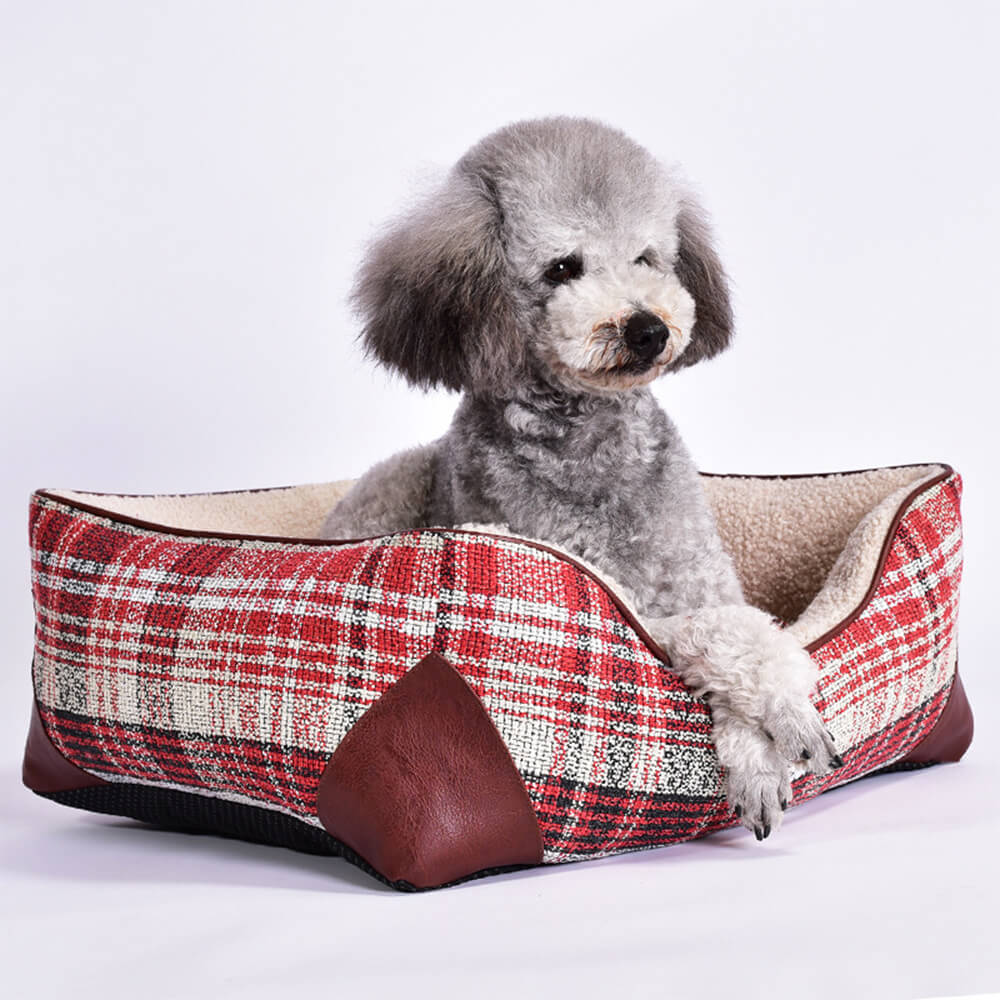 Square Vintage Plaid Faux Sherpa PU Leather Dog & Cat Bed