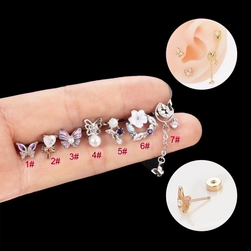1 Piece Ear Cartilage Rings & Studs Hip-Hop Heart Shape Flower Butterfly 316L Stainless Steel  Copper Inlay Artificial Pearls Zircon