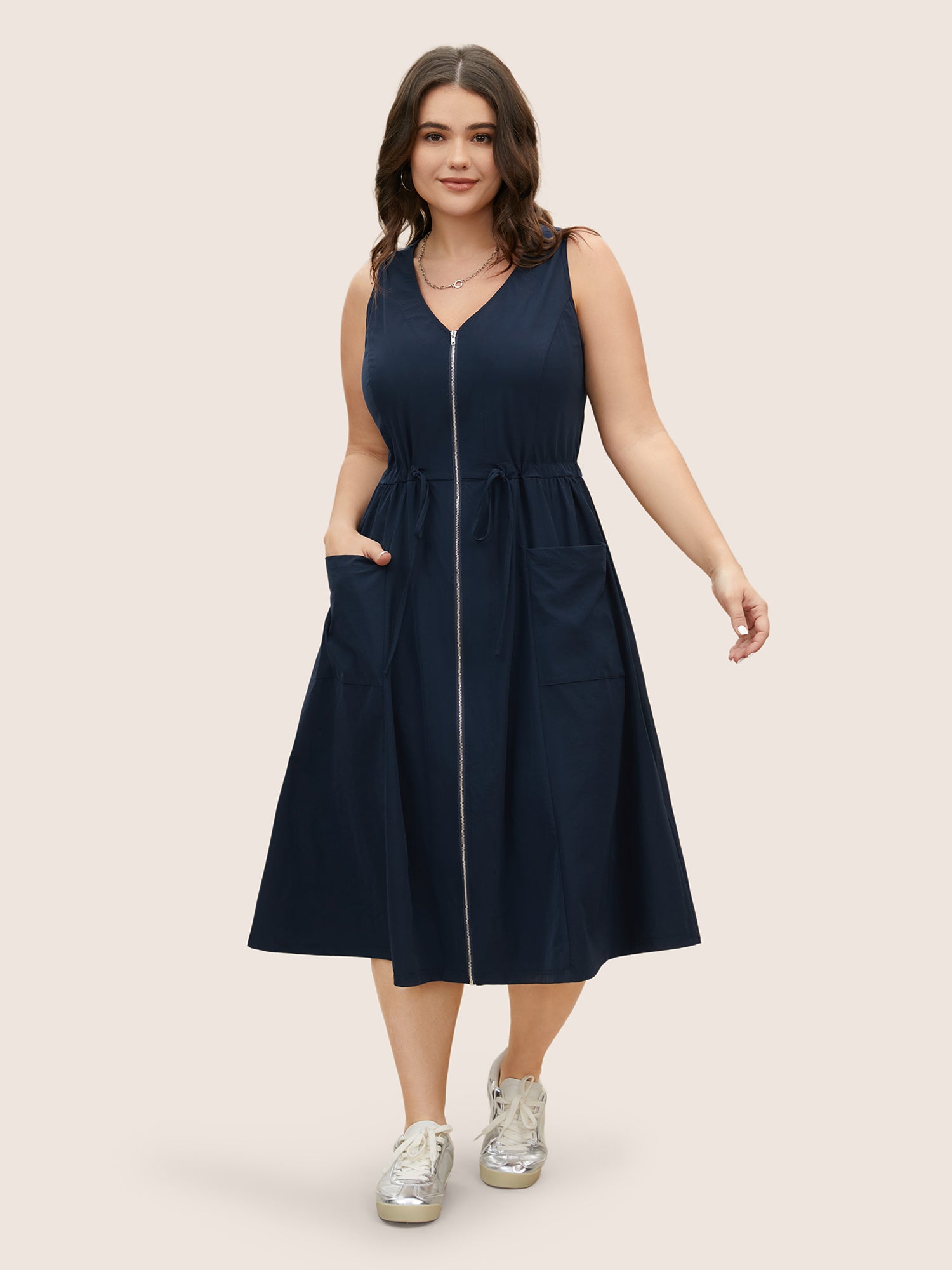 Solid Zip Front Patch Pocket Sleevless Dress