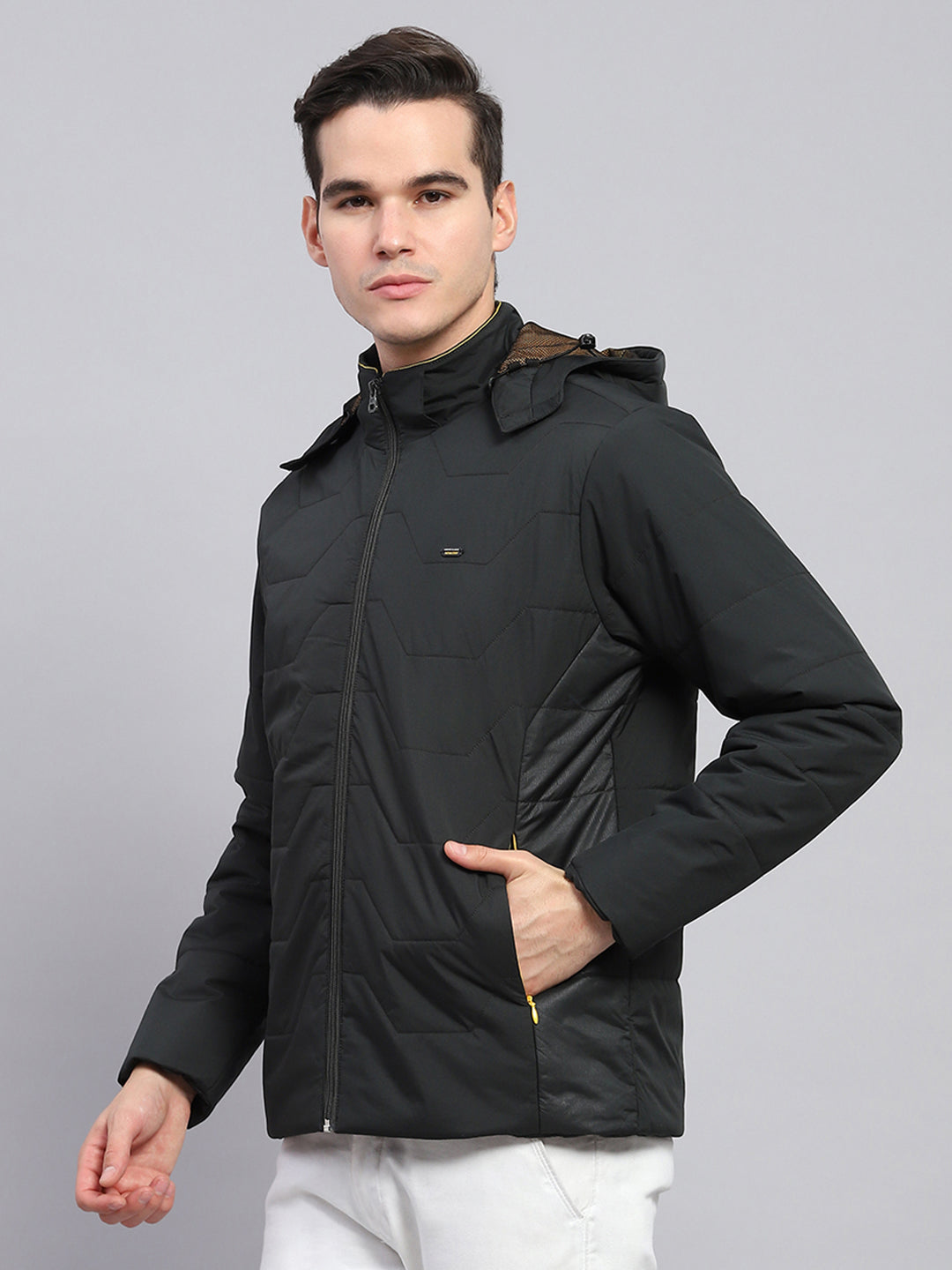 Men Olive Solid Detachable Hood Full Sleeve Jacket