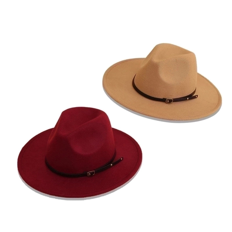 Wine Red Hat New Belt Word Buckle Top Hat Autumn And Winter Woolen Jazz Hat Wide-brimmed Sun Hat