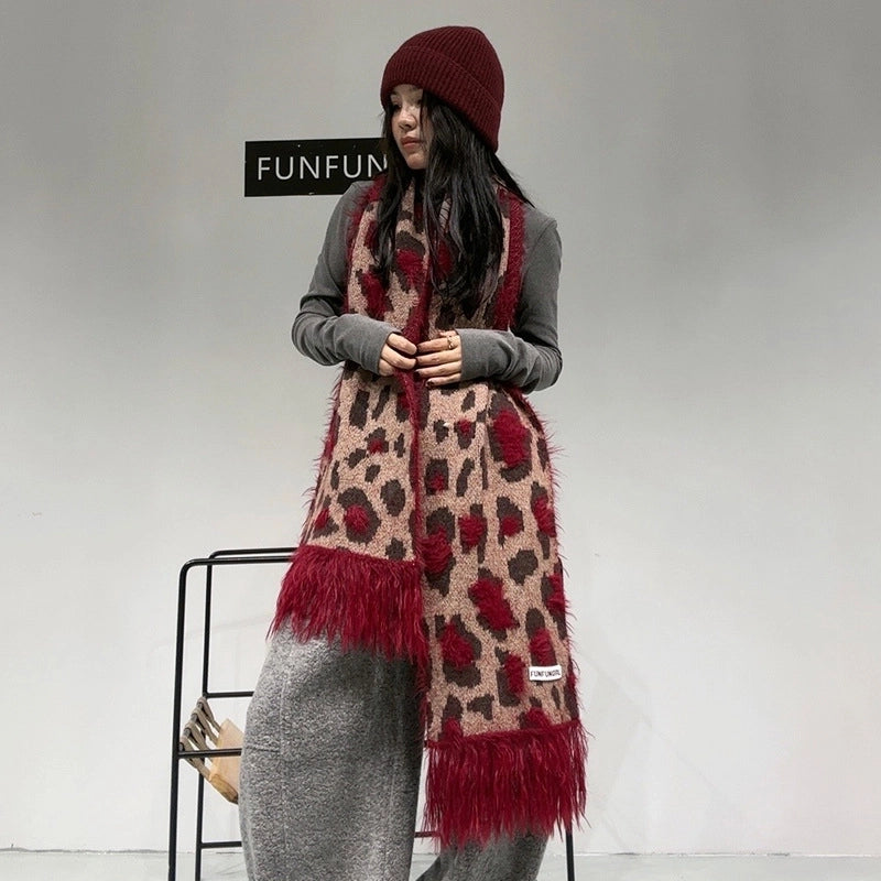 Women's Vintage Style Leopard Fleece Tassel Scarf