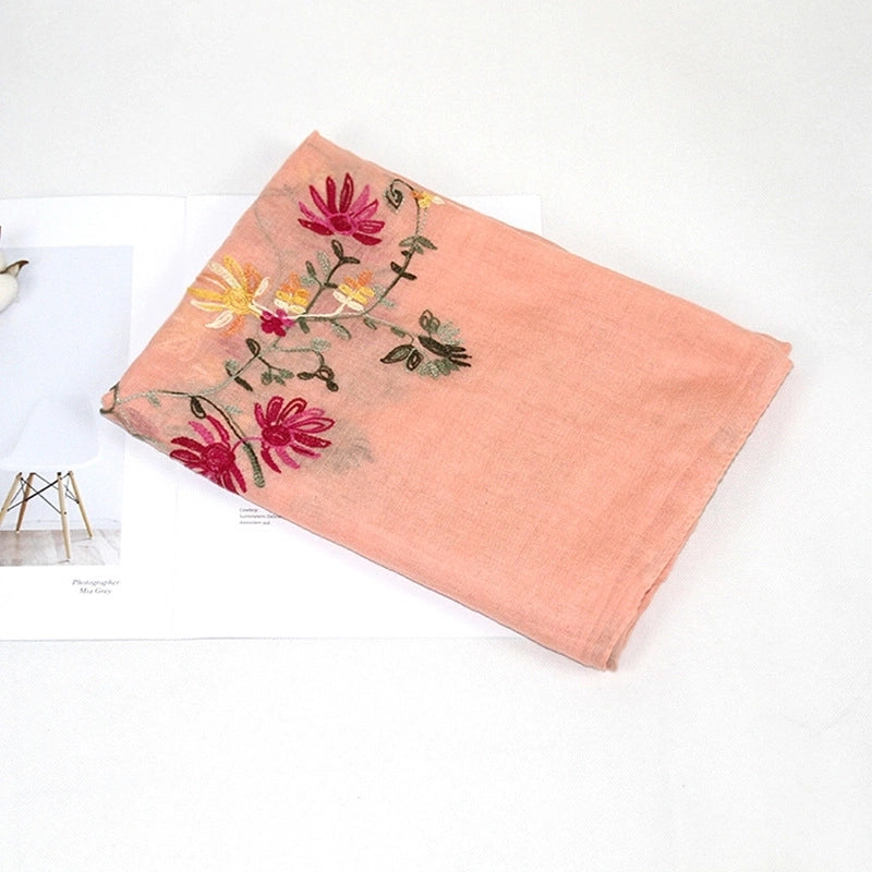 Women's Classic Style Flower Cotton And Linen Embroidery Scarf