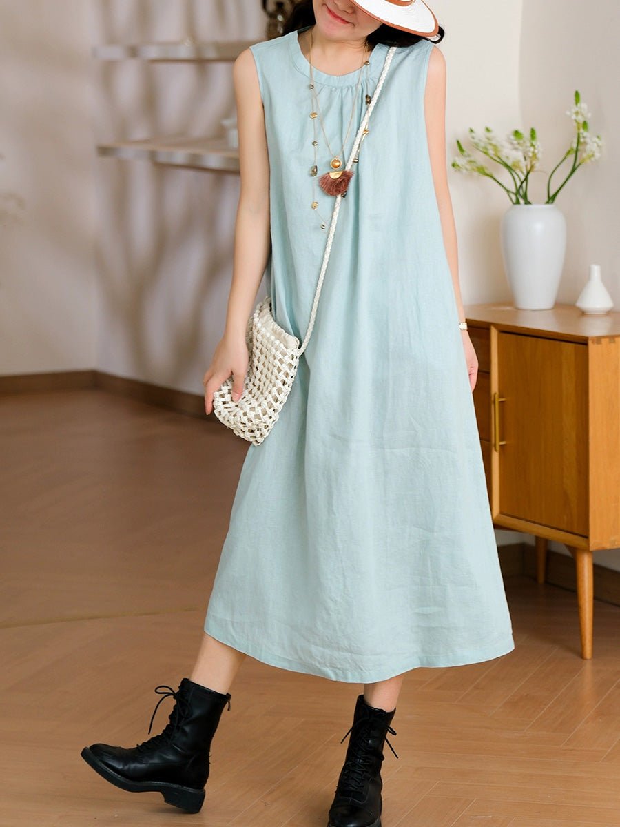 Women Summer Casual Pure Color 100%Linen Vest Dress
