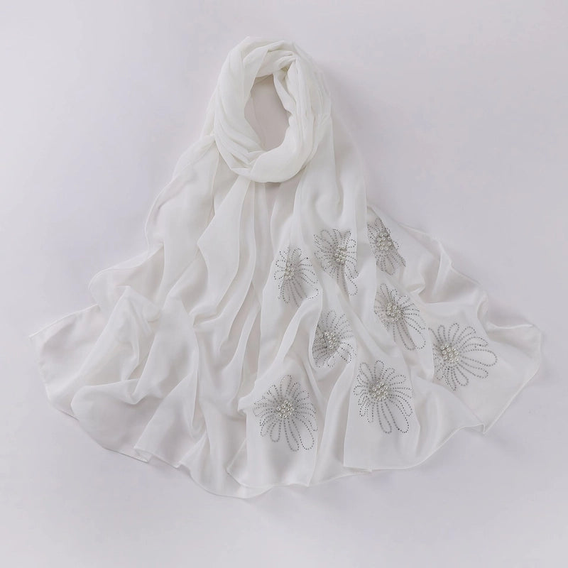New Flower Hot Drilling Nail Bead Scarf Pearl Chiffon Muslim Scarf Middle East Hui Hijab Long Scarf