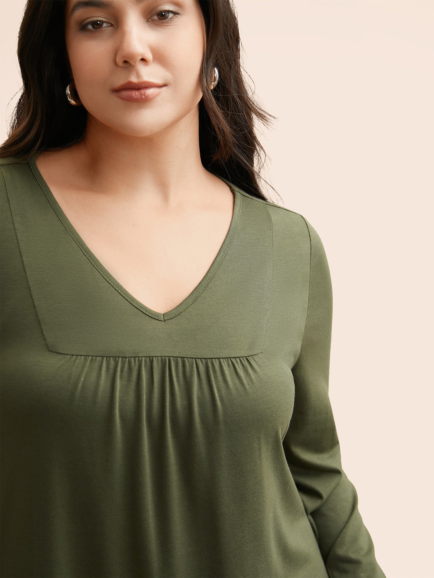 V Neck Gathered Lantern Sleeve Jersey Top