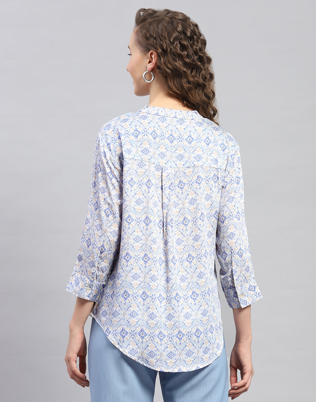 Women Sky Blue Printed  Mandarin Neck 3/4 Sleeve Top