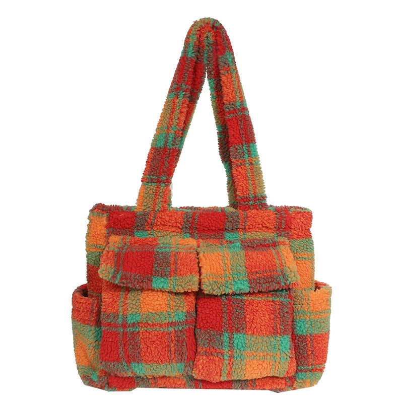Women's Plush Lattice Streetwear Square Zipper Shoulder Bag