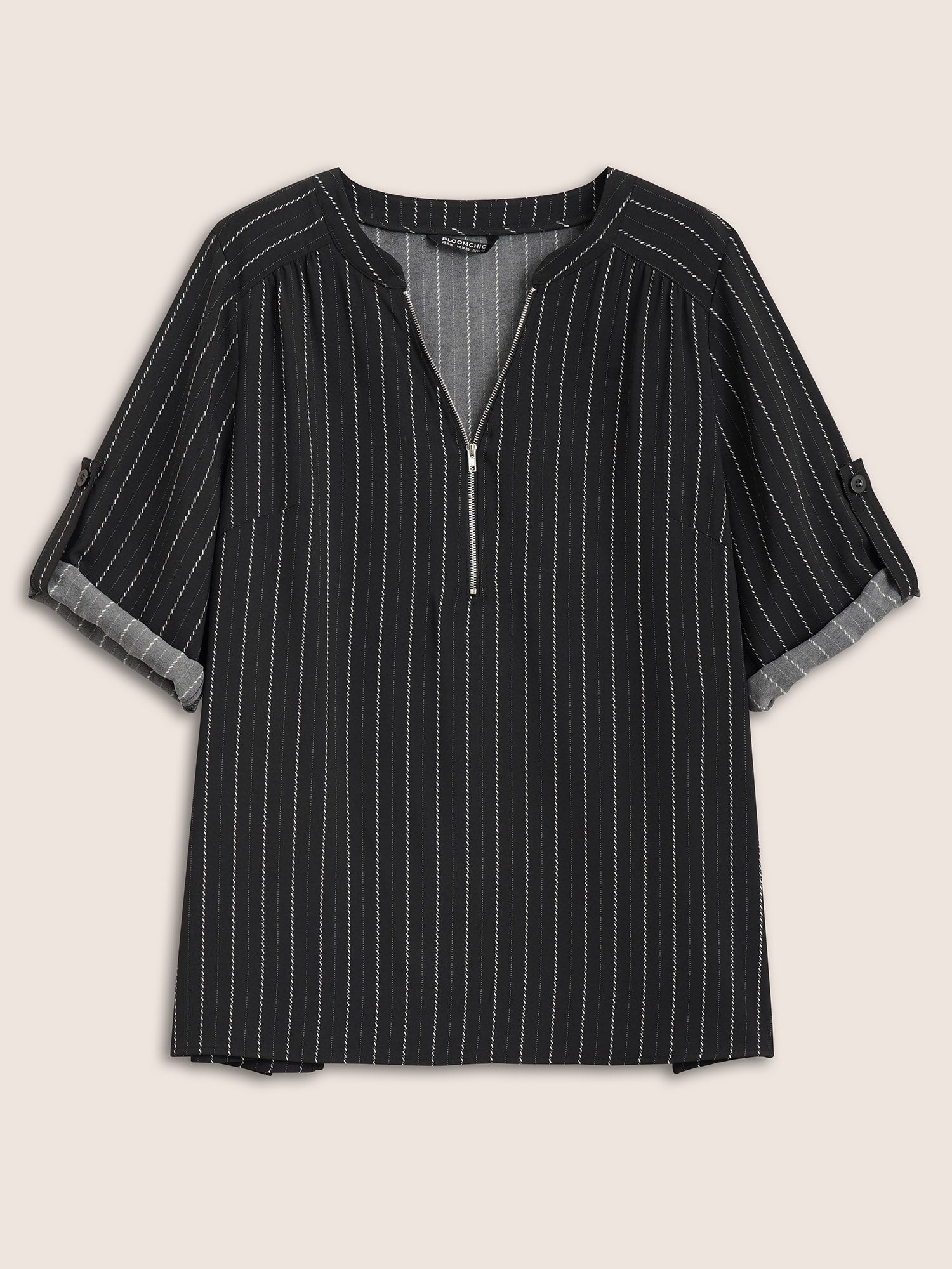 Striped Half Zip Tab Sleeve Blouse