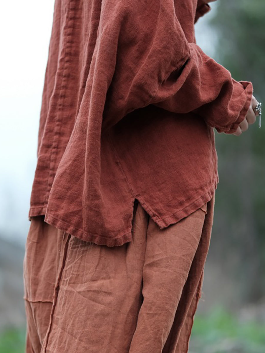 Women Chinese Ethnic Spliced Embroidery 100%Linen Shirt