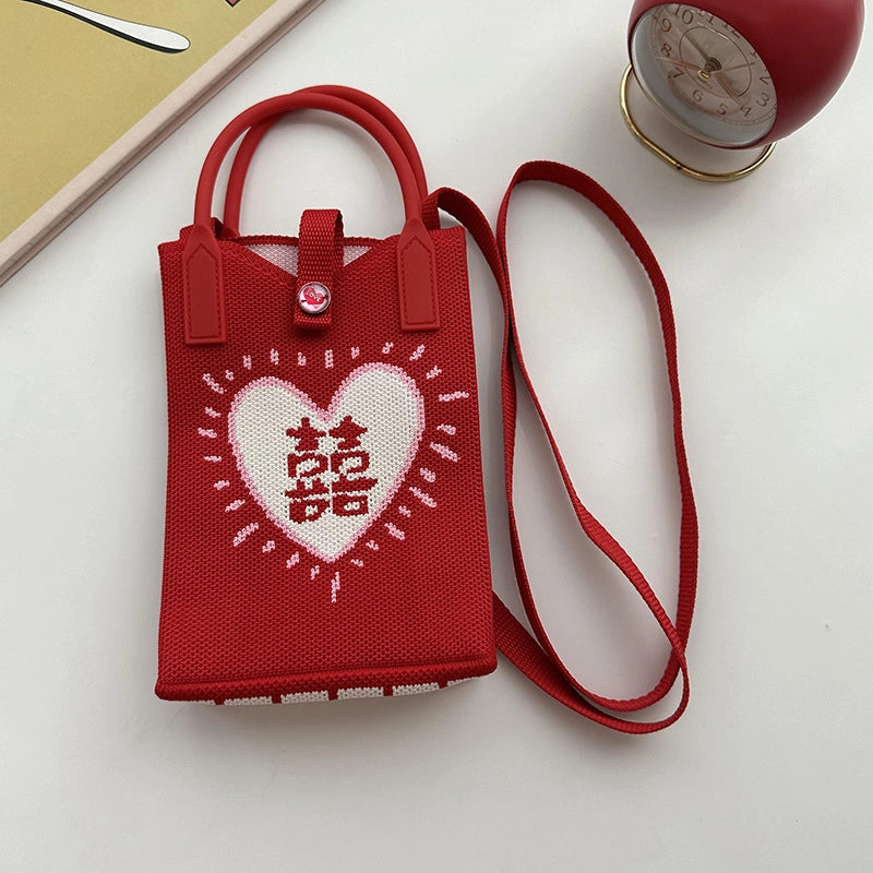 Unisex Small Knit Stripe Heart Shape Basic Vintage Style Weave Square Lock Clasp Phone Wallets
