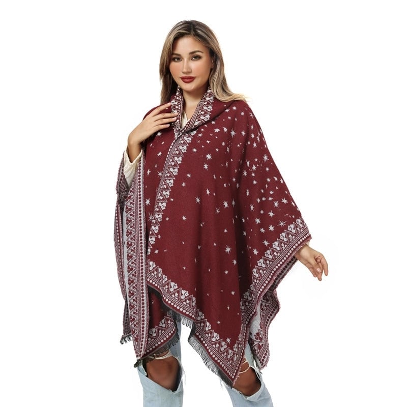 New Poncho Shawl In Stock Hooded Split Knitted Shawl Cashmere-like Warm Scarf For Women
