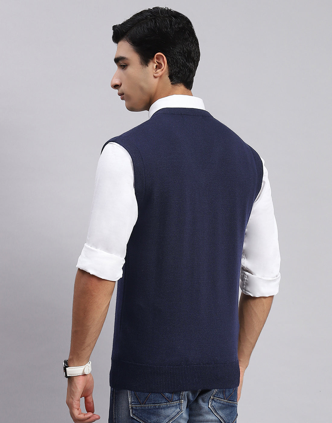 Men Navy Blue Solid V Neck Sleeveless Sweater